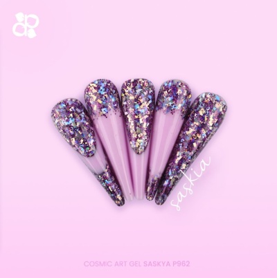 Unhas postiças em gel com glitter em tons de roxo e rosa