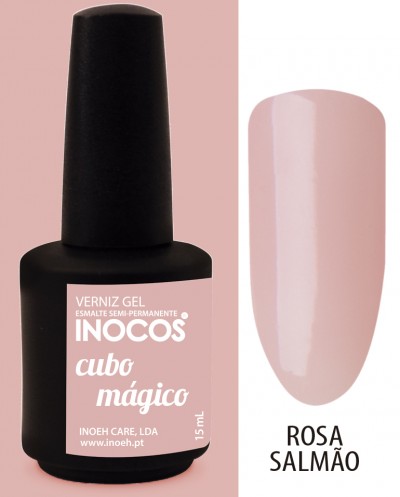 Esmalte gel INOCOS cor rosa salmão com frasco preto fosco e rótulo rosa