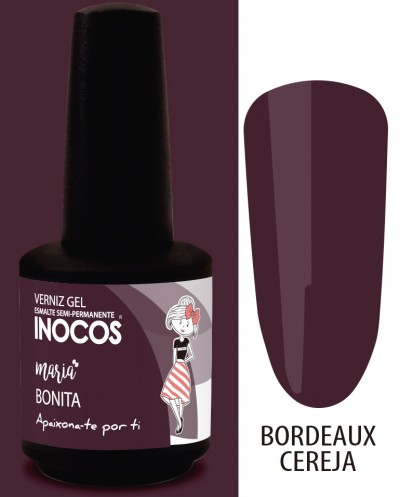 Frasco de verniz gel Inocos cor Bordeaux Cereja com etiqueta roxa e desenho de menina