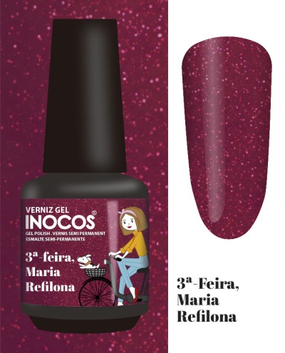 Verniz gel Inocos cor 3ª-feira, Maria Refilona vinho com glitter