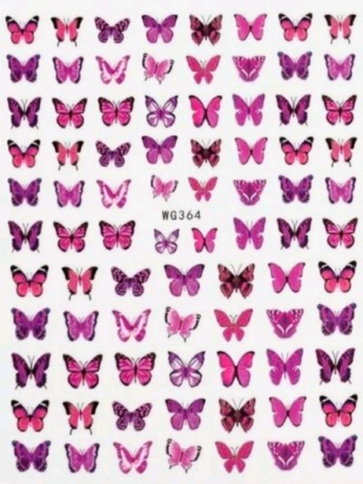 Folha com autocolantes de borboletas rosa e roxas em várias formas e tamanhos