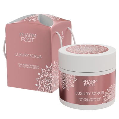 Esfoliante PHARM FOOT Luxury Scrub em embalagem rosa com detalhes brancos e caixa complementar