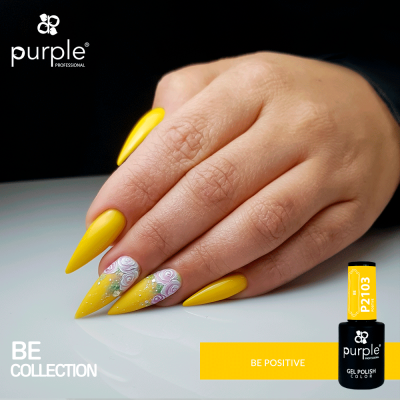 Unhas pintadas com verniz de gel amarelo e decoração floral branca e brilhante