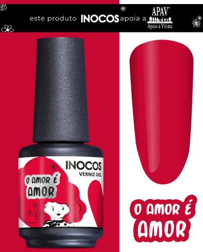 Frasco de verniz gel INOCOS cor vermelha com texto 'o amor é AMOR'