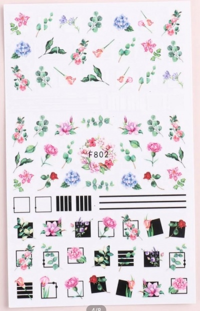 Folha de autocolantes florais coloridos para unhas com padrões e código F802