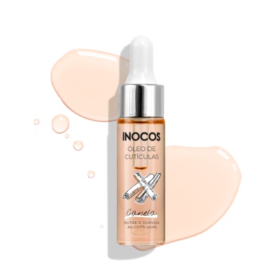 Frasco de óleo de cutículas Inocos com conta-gotas e fundo branco.