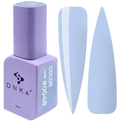 Frasco de verniz para unhas DNKA roxo com duas amostras da cor azul clara