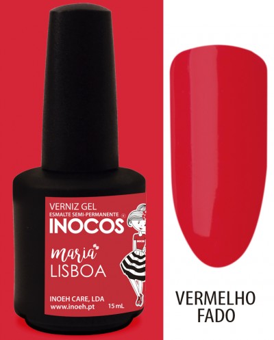 Frasco verniz gel vermelho INOCOS Maria Lisboa 15 ml com amostra de cor