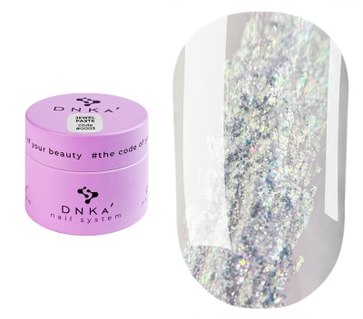 Pote roxo DNKA nail system com texto e unha com glitter prateado