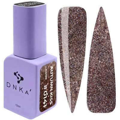 Verniz Autumn Kiss DNKA' castanho glitter multicolorido e amostras aplicadas