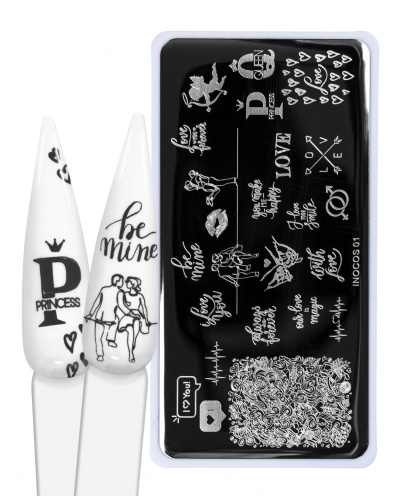 Placa de carimbo para unhas com desenhos e textos de amor em branco sobre fundo preto e duas unhas decoradas com branco e preto.