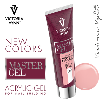Tubo de gel acrílico Victoria Vynn rosa claro para unhas com embalagem roxa e texto promocional em fundo branco