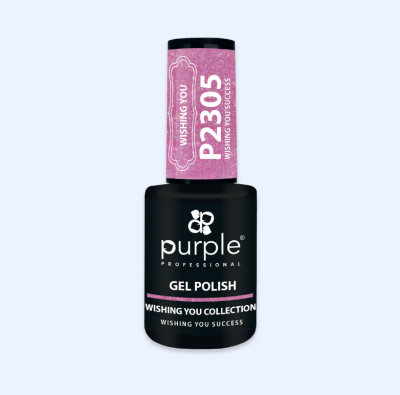 Frasco de verniz gel Purple preto com tampa rosa e texto branco