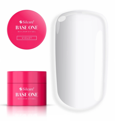 Gel construção UV Silcare BASE ONE VIOLET embalagem rosa e amostra de unha branca