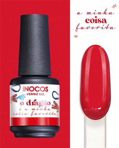 Verniz gel INOCOS vermelho com rótulo e amostra da cor