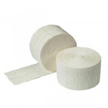 Duas bobinas de toalhetes de papel brancos com textura estriada e padrão de linhas.