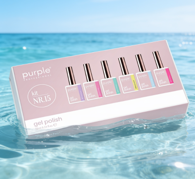Kit de vernizes gel Purple Professional flutuando na água