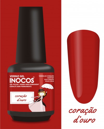 Frasco de verniz gel INOCOS vermelho coração com tampa preta e amostra da cor