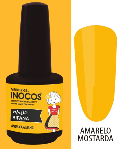 Verniz gel semi-permanente amarelo mostarda da Inocos com rótulo amarelo e desenho de uma rapariga.