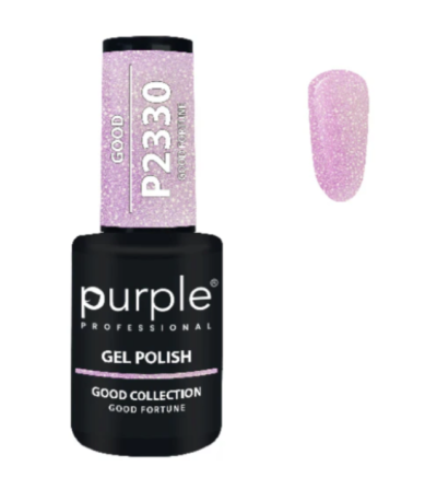 Frasco de esmalte em gel preto com tampa lilás brilhante e amostra da cor