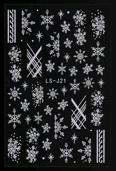 Folha preta com estampas brancas de flocos de neve, estrelas e linhas geométricas com texto LS-J21.