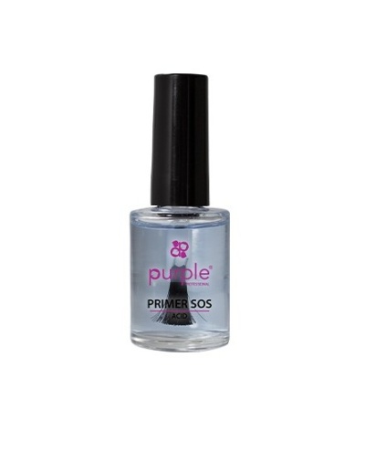 Frasco de verniz para unhas transparente com tampa preta e inscrição purple PROFESSIONAL PRIMER SOS ACID