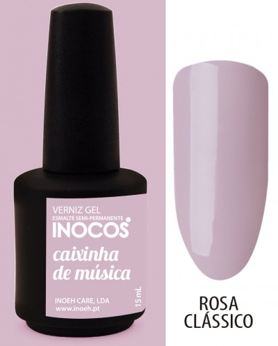 Frasco de verniz gel rosa clássico da marca INOCOS com amostra da cor