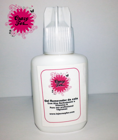 Frasco branco com gel removedor de cola Crazy For com rótulo branco e rosa
