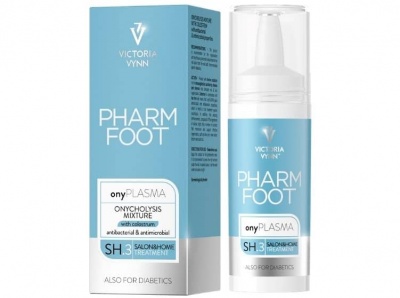 Produto PHARM FOOT da VICTORIA VYNN com embalagem azul e branca, rótulo com texto detalhado.