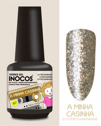 Esmalte gel INOCOS Glitter Champagne com amostra da cor glitter prata e dourado