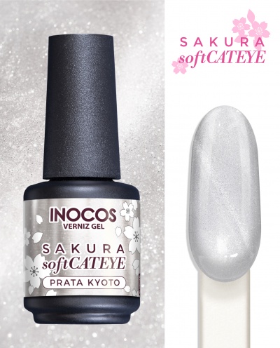 Frasco de verniz gel INOCOS Sakura softCATEYE Prata Kyoto com amostra da cor