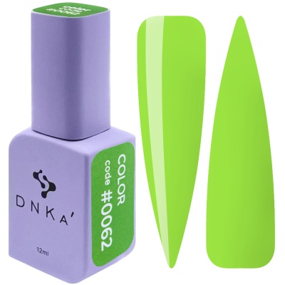 Frasco roxo de verniz DNKA com duas amostras de cor verde brilhante