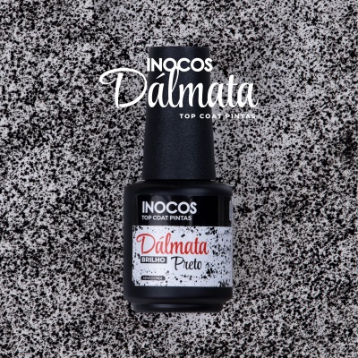 Frasco de verniz preto Inocos Dálmata com padrão dálmata ao fundo