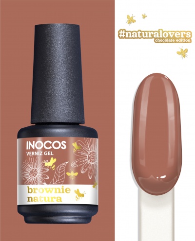 Frasco de verniz gel INOCOS com amostra de cor castanha chocolate