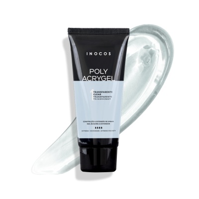 Bisnaga de Poly Acrylgel transparente INOCOS com amostra do produto em forma de coração