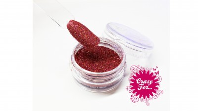 Pote aberto de glitter vermelho com aplicador e selo rosa CRAZY FOR