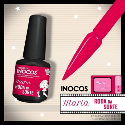 Frasco de verniz gel rosa framboesa INOCOS Maria Roda da Sorte e pincel