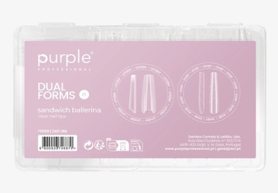 Embalagem plástica transparente com rótulo lilás contendo tips para unhas claras sandwich ballerina