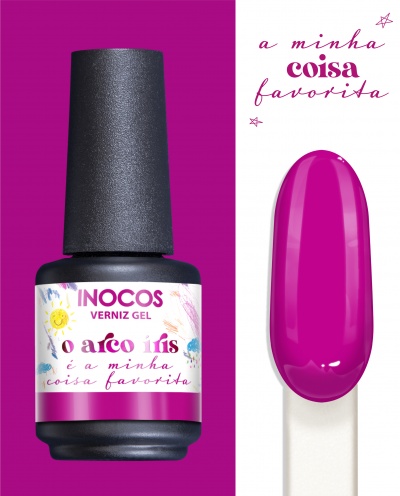 Verniz gel INOCOS cor rosa com etiqueta colorida e amostra da cor