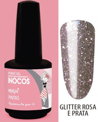 Frasco de verniz gel INOCOS Maria Pintas glitter rosa e prata