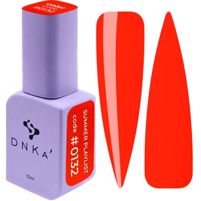 Frasco de verniz DNKA lilás com rótulo vermelho e amostras de cor vermelha.