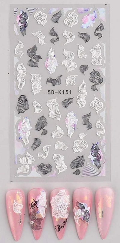 Adesivos para unhas folhas preto e branco em embalagem transparente e unhas postiças cor-de-rosa decoradas