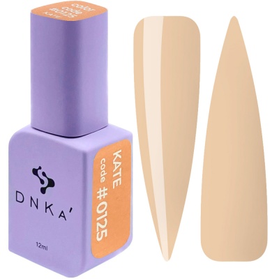 Frasco roxo de verniz de unhas DNKA com etiquetas laranjas e amostras de cor bege claro.