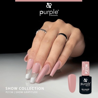 Unhas compridas com verniz gel rosa nude e branco fosco, frasco de verniz gel Purple Professional P2136 Show Gratitude