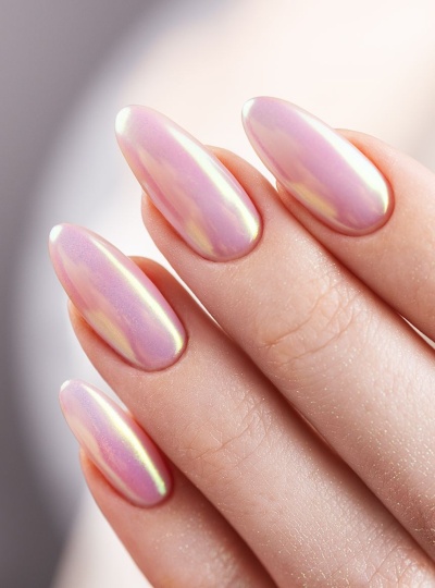 Unhas compridas com verniz perolado rosa brilhante