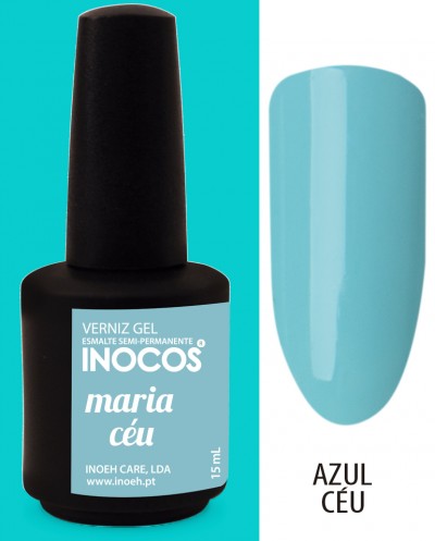 Verniz gel azul céu da marca INOCOS e amostra da cor em formato unha