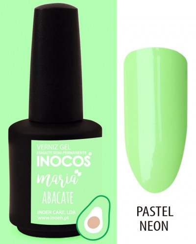 Frasco de verniz gel INOCOS Maria Abacate com amostra de cor verde neon pastel