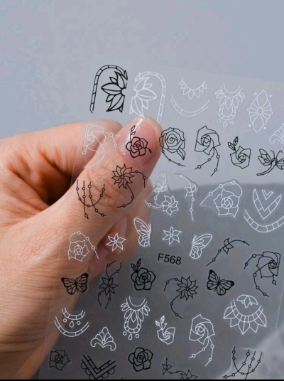Folha transparente de decoração para unhas com estampas detalhadas pretas e código F568