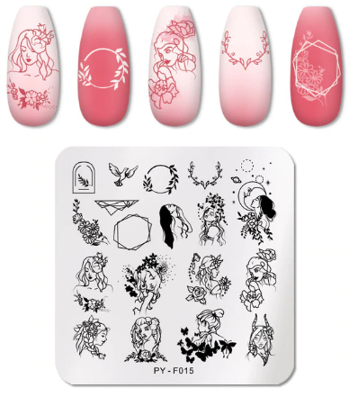 Unhas postiços com desenhos florais e placa com designs para unhas em preto