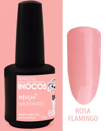 Verniz gel semi-permanente INOCOS Maria Milfontes cor Rosa Flamingo com amostra da cor